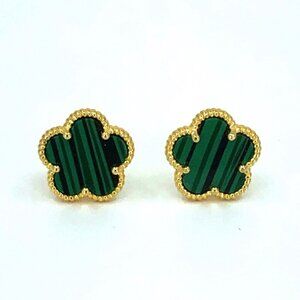 Clover 5 Leave Stud Earrings 18k GP 925 Sterling Silver / Malachite